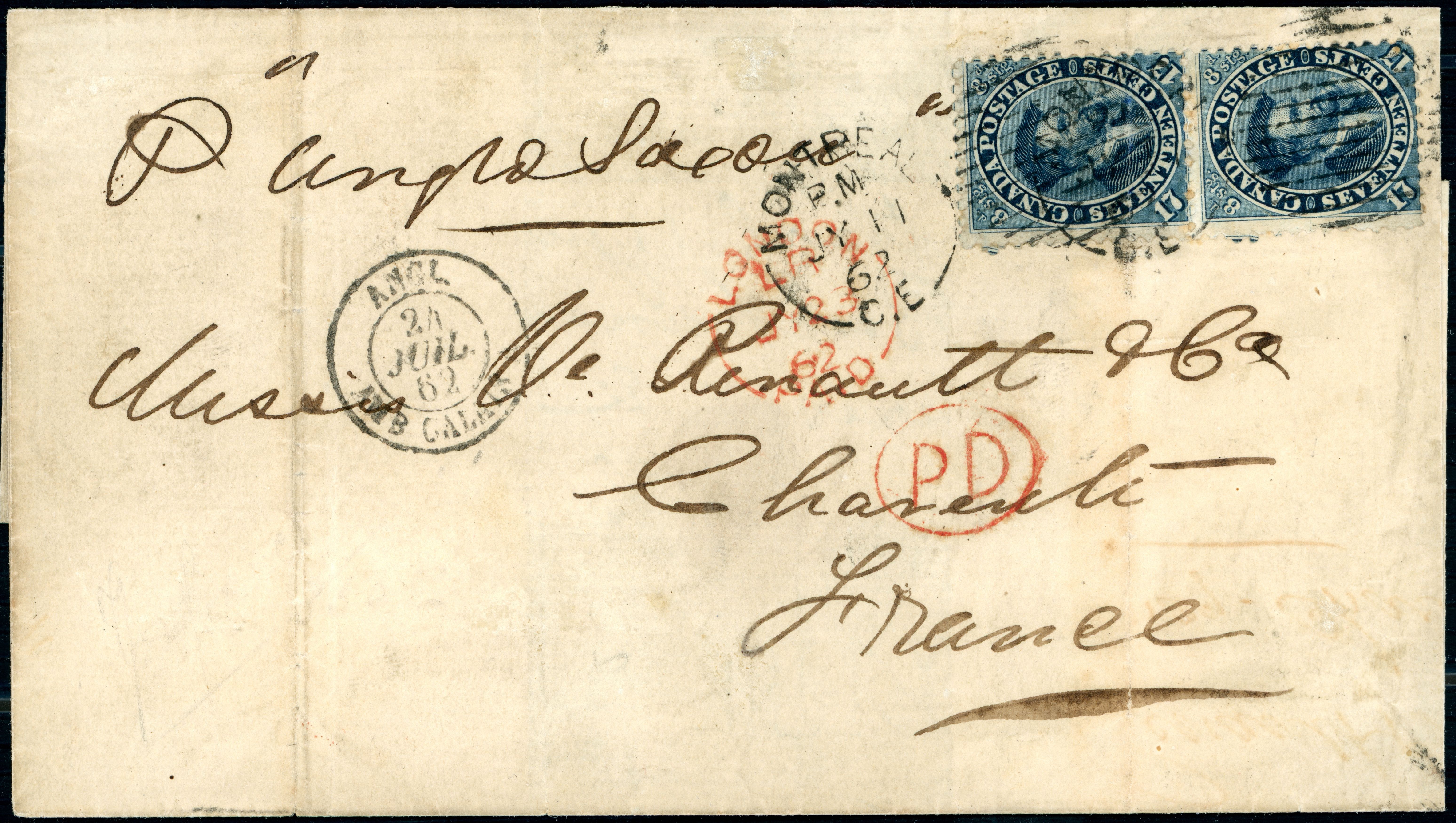 10 Montreal July 11 1862 to to France Charente double rate via Anglo Saxon arr Tonnay July 25 62.jpg