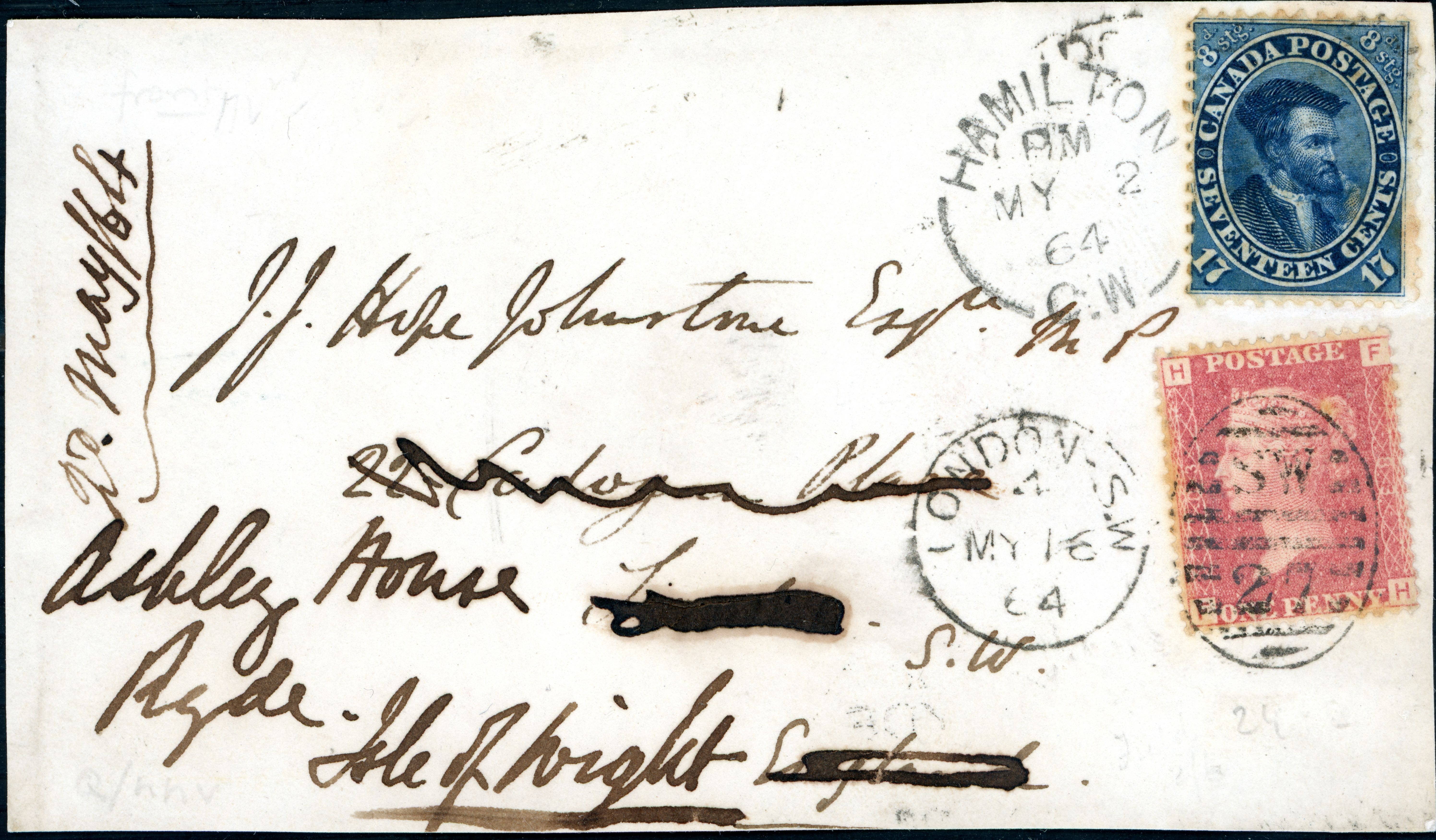 07 Hamilton to Ryde Isle of Wight may 1864 pos 48 mixed franking.jpg